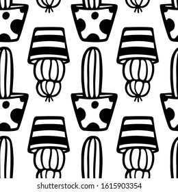 Vector seamless pattern with hand drawn cacti in painted pots. Ink drawing, graphic style. Beautiful floral design elements, perfect for prints and patterns