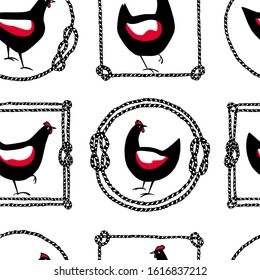 Vector seamless pattern with hand drawn chickens in rope frames. Beautiful ink drawing, heavy contour, abstract design elements. Perfect elements for food or farming design.