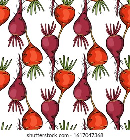 Vector seamless pattern with hand drawn ripe colorful beets. Beautiful food design elements, ink drawing. Perfect for prints and patterns