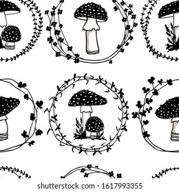 Vector seamless pattern with hand drawn poisonous wild fungus Amanita in floral wreath. Ink drawing, graphic style. Beautiful design elements.