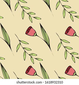 Vector seamless pattern with hand drawn doodle style tulip flowers on beige background. Design for greeting cards, scrapbooking, textile, wrapping paper, wallpaper, invitations, printed materials.