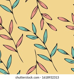 Vector seamless pattern with hand drawn doodle style plants, fern on beige background. For greeting cards, scrapbooking, textile, wrapping paper, wallpaper, invitations, and other printed material.