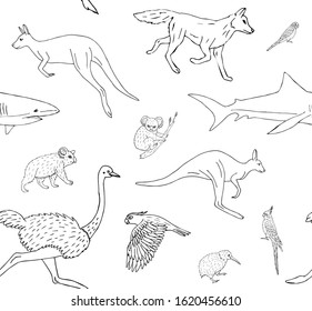 Vector seamless pattern of hand drawn doodle sketch Australian wild animals isolated on white background