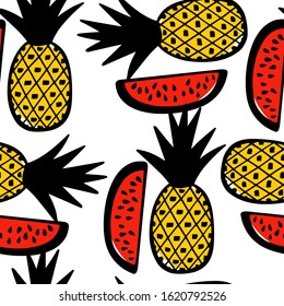 Vector seamless pattern with hand drawn pineapples and watermelons. Beautiful ink drawing, heavy contour, graphic style. Food design elements.