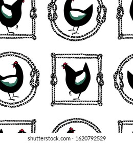 Vector seamless pattern with hand drawn chickens in rope frames. Beautiful ink drawing, heavy contour, abstract design elements. Perfect elements for food or farming design.