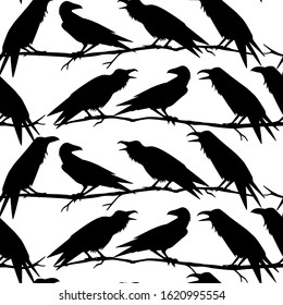 Vector seamless pattern with hand drawn silhouettes of ravens sitting on a tree branch. Ink drawing, graphic style. Beautiful animal design elements, perfect for prints and patterns