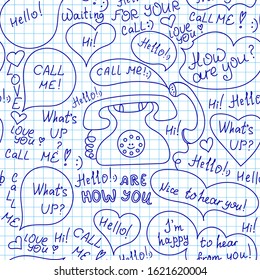 Vector seamless pattern with hand drawn retro phones and small talk phrases