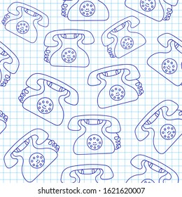 Vector seamless pattern with hand drawn old phones. Decorative endless texture
