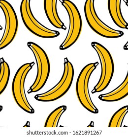 Vector seamless pattern with hand drawn bananas. Beautiful ink drawing, heavy contour, graphic style. Food design elements. Perfect for prints and patterns