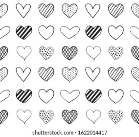 Vector seamless pattern of hand drawn doodle sketch hearts isolated on white background
