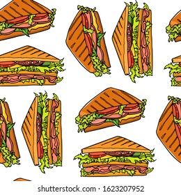 Vector seamless pattern with hand drawn delicious sandwiches. Beautiful food design elements, perfect for any business related to the food industry.