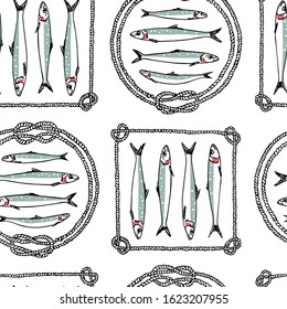 Vector seamless pattern with hand drawn Indian oil sardines in rope frames. Advertising, menu or packaging cool design elements, perfect for prints and patterns