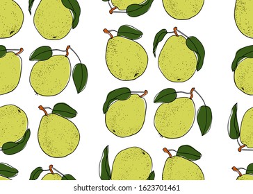 Vector seamless pattern with hand drawn ripe pears. Ink drawing, graphic style, beautiful food design elements. Perfect for prints and patterns