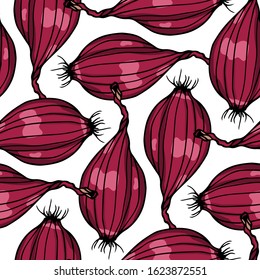 Vector seamless pattern with hand drawn Redwing onion bulbs. Beautiful food design elements, ink drawing, perfect for prints and patterns