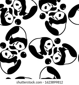 Vector seamless pattern with hand drawn playful pandas. Ink drawing, beautiful animal design elements. Perfect for prints and patterns