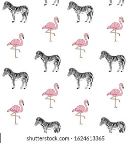 Vector seamless pattern of hand drawn doodle sketch zebra and flamingo isolated on white background