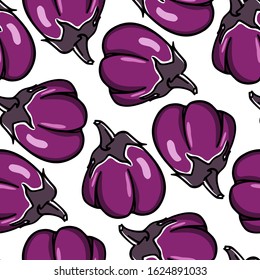 Vector seamless pattern with hand drawn ripe Barbarella eggplants. Cool vegetable pattern, perfect for prints and patterns