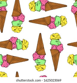 Vector seamless pattern with hand drawn delicious ice cream. Beautiful food design elements, perfect for prints and patterns.