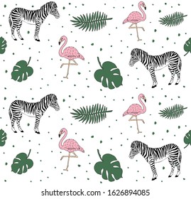 Vector seamless pattern of hand drawn doodle sketch zebra flamingo and palm leaves isolated on white background