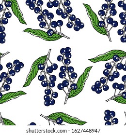 Vector seamless pattern with hand drawn bird-cherry twigs. Beautiful floral design elements, ink drawing, linocut style. Perfect for prints and patterns