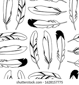 Vector seamless pattern with hand drawn feathers. Beautiful ethnic design elements, ink drawing. Perfect for prints and patterns