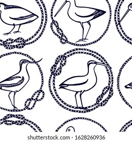 Vector seamless pattern with hand drawn cute shorebirds in nautical rope frames. Beautiful animal design elements, ink drawing, perfect for prints and patterns