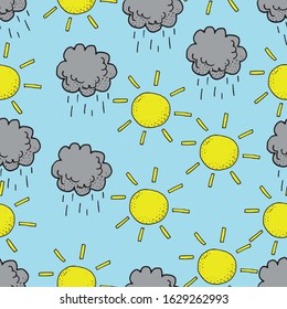 Vector seamless pattern with hand drawn doodle style cloud and sun. Colorful image on blue background. Design for kids, scrapbooking, textile, wrapping paper, wallpaper, printed materials