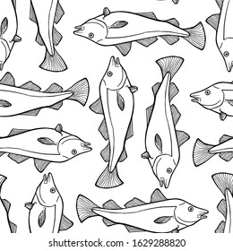 Vector seamless pattern with hand drawn cod. Beautiful food design elements, ink drawing. Perfect for prints and patterns