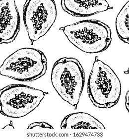 Vector seamless pattern with hand drawn papaya. Chalk drawing, graphic style, beautiful food design elements. Perfect for prints and patterns