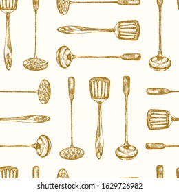 Vector seamless pattern with hand drawn metal kitchen utensils made with chalk. Beautiful kitchen design elements, perfect for prints and patterns