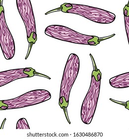Vector seamless pattern with hand drawn ripe Fairytale eggplants. Beautiful food design elements, perfect for prints and patterns