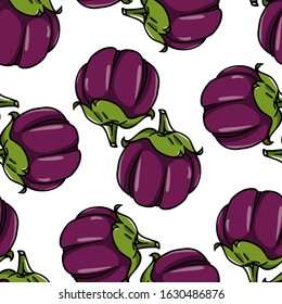 Vector seamless pattern with hand drawn ripe Barbarella eggplants. Beautiful food design elements, perfect for prints and patterns