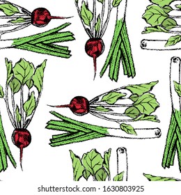 Vector seamless pattern with hand drawn beet and leek drawn with black chalk. Beautiful food design elements, perfect for prints and patterns