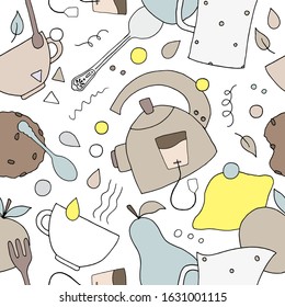 Vector seamless pattern with hand drawn elements of kitchen and breakfast; pastel colored kettle, pitcher, cup, lemon, apple, pear, spoon, fork, water drops, cookie and leaves on white background.