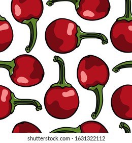 Vector seamless pattern with hand drawn cherry peppers. Beautiful food design elements, ink drawing. Perfect for prints and patterns