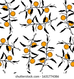 Vector seamless pattern with hand drawn orange branches. Beautiful food design elements, ink drawing, perfect for prints and patterns