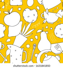 Vector seamless pattern with hand drawn elements of kitchen and breakfast; white cut paper kettle, pitcher, cup, lemon, apple, pear, spoon, fork, water drops, cookie and leaves on yellow background.