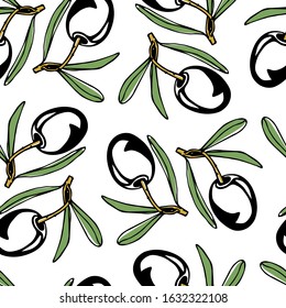 Vector seamless pattern with hand drawn olives. Beautiful food design elements, ink drawing, perfect for prints and patterns