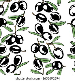 Vector seamless pattern with hand drawn olives. Beautiful food design elements, ink drawing, perfect for prints and patterns