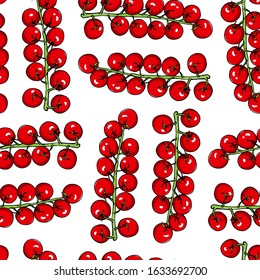 Vector seamless pattern with hand drawn ripe cherry tomatoes. Beautiful food design elements, perfect for prints and patterns.