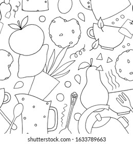 Vector seamless pattern with hand drawn elements of kitchen and breakfast; white line kettle, pitcher, cup, lemon, apple, pear, spoon, fork, water drops, cookie and leaves on white background.