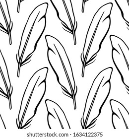 Vector seamless pattern with hand drawn feathers. Beautiful ethnic design elements, ink drawing. Perfect for prints and patterns