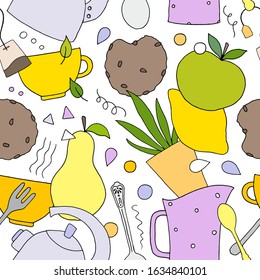 Vector seamless pattern with hand drawn elements of kitchen and breakfast; colorful kettle, pitcher, cup, lemon, apple, pear, spoon, fork, water drops, cookie and leaves on white background.