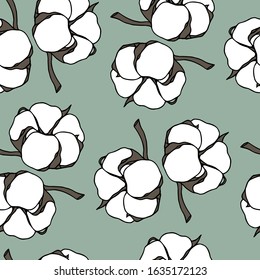 Vector seamless pattern with hand drawn cotton flowers. Beautiful floral design, ink drawing. Perfect for prints and patterns