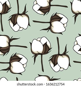 Vector seamless pattern with hand drawn cotton flowers. Beautiful floral design, ink drawing. Perfect for prints and patterns