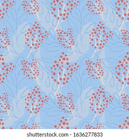 Vector seamless pattern of hand drawn blooming branches on a blue background. 