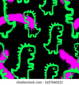 Vector Seamless Pattern Of Hand Drawn Grunge Dinosaurs Graffiti Tags On Black Background. Vector Hip Hop Endless Doodle Style Hand Drawn Background.