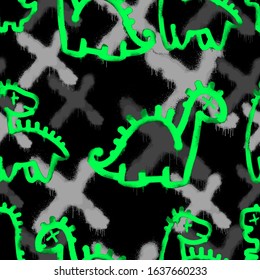 Vector seamless pattern of hand drawn grunge dinosaurs graffiti tags on black background. Vector hip hop endless doodle style hand drawn background.