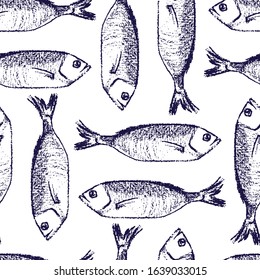 Vector seamless pattern with hand drawn fish made with chalk. Grunge drawing, graphic style. Perfect print for any business related to the food industry.