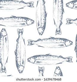 Vector seamless pattern with hand drawn fish made with chalk. Grunge drawing, graphic style. Perfect print for any business related to the food industry.